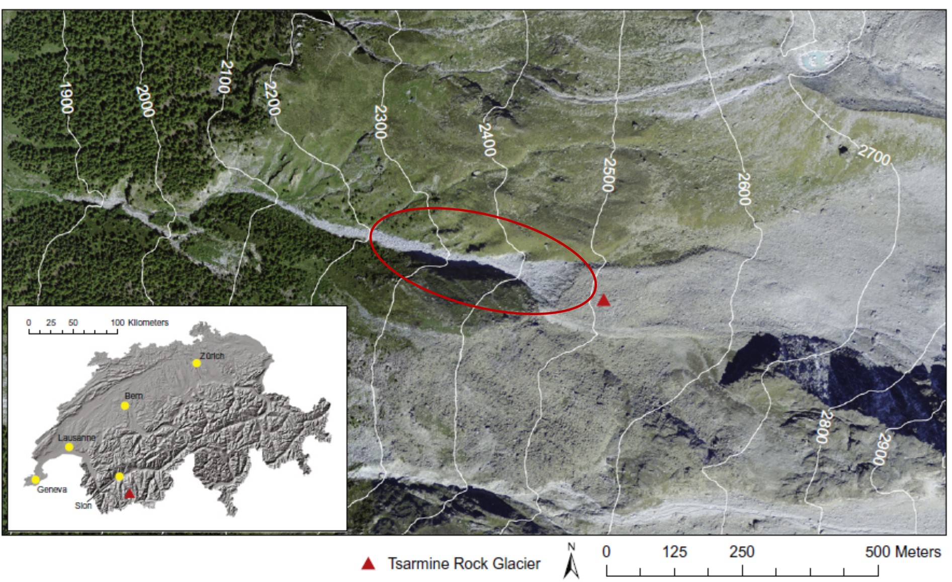 The Tsarmine rock glacier, Hérens Valley, in the Western Swiss Alps. Source: Micheletti et al, 2016 \label{Tsarmine}